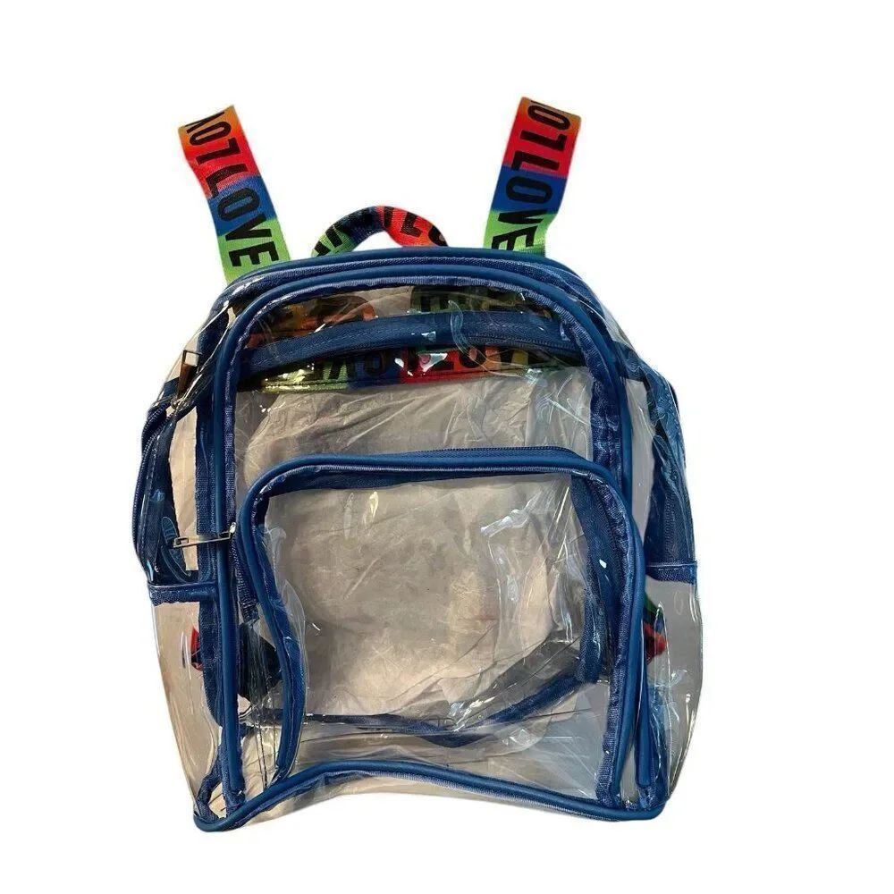 Clear Backpack Transparent Backpacks Stadium Women Men Kids Blue Trim LOVE NWT